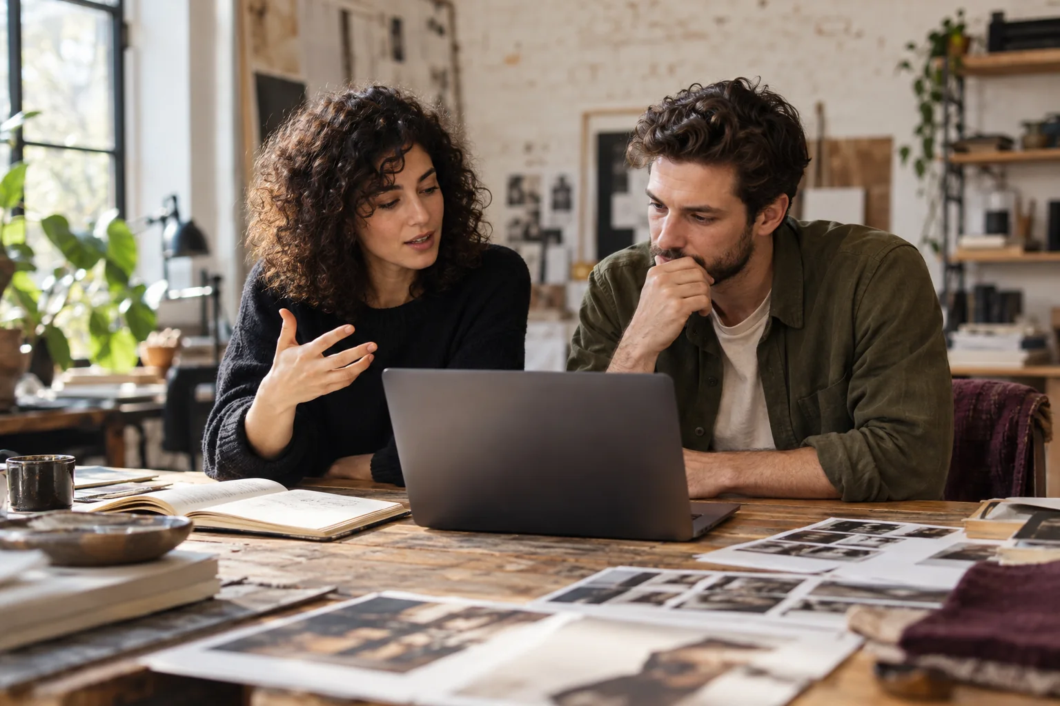 Two creative professionals discussing a laptop at a sunlit worktable